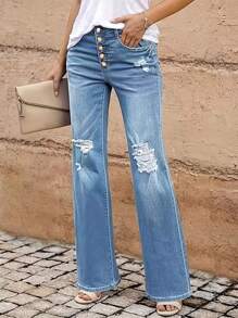 Jeans femininos elegantes vintage, modelo reto com furos e design de vários botões - sem zíper, de temporada, Denim desgastado, moda casual, adequado para várias ocasiões, presentes de Natal, Ano Novo e outras festas - Azul médio