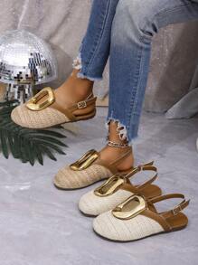 Women's Summer New Headscarf Mesh Circle Buckle Woven Flat Sandals, Fashion Versatile Breathable Slip-On Vacation Slippers