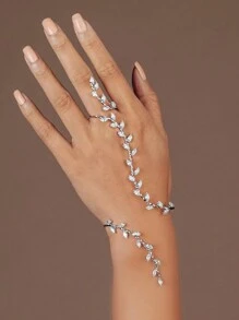 1pc Trendy bladontwerp Kristaldecoratie gekoppelde vingerhandketting, chique en minimalistische accessoire