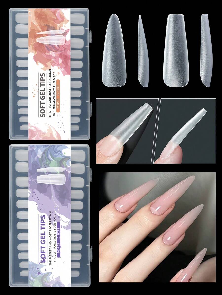 240 件软凝胶指甲刀，哑光全覆盖按压指甲刀尖头指甲棺材指甲可剥离凝胶延长指甲胶囊按压指甲女孩女士美甲 DIY 用品