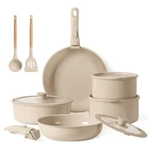 CAROTE 13pcs Ceramic Cookware Set Detachable Handle, Induction Pots And Pans Set, Taupe - White - View 10