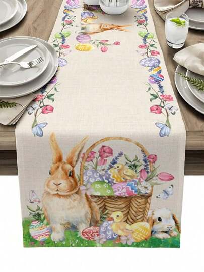 Spring Easter Bunny Rabbit Colorful Eggs Table Runner Holiday Party Decor Reusable Farmhouse Flowers Tulip Table Runner Easter Decorations