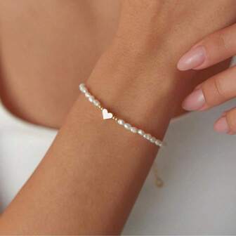 1pc Copper Plated Golden Heart Faux Pearl Bracelet, Jewelry For Party, Dating, Gift For Girlfriend On Valentine's Day