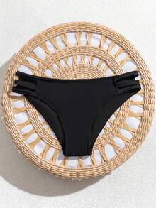 New Women Side Hollow Solid Color Sexy Bikini Bottom Vacation - Black - View 8