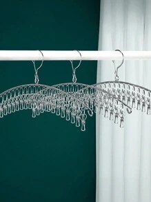1pc 10 Clip/20 Clip Stainless Steel Clothes Hanger, Thickened Clothes Hanger Suitable For Socks, Bras, Underwear, Gloves, With Wind Proof U-Hook Outdoor Clothesline