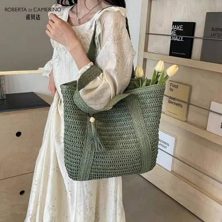 Summer Straw Bag Women's New Versatile Single-Shoulder Hand-Woven Large-Capacity - Green - View 1