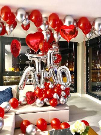 29pcs Balloons & 200pcs Flower Petals Silver "TE AMO" Letter Balloons Set, I Love You Balloons, Silver Metal Balloons, Red Heart Balloons, Suitable For Valentine's Day Party, Proposal, Wedding, Anniversary Decoration, Romantic Atmosphere, Love Theme, 2025 Valentine's Day, New Year, Room Decor Back To School Valentine's Day