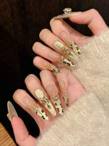 10 件套豹纹法式魅力椭圆形指甲贴纸，饰有高端水钻，适合派对、约会和日常佩戴，可重复使用，配有涂抹工具和指甲锉，按压式指甲，美甲用品，美甲 - 金色 - 查看 3