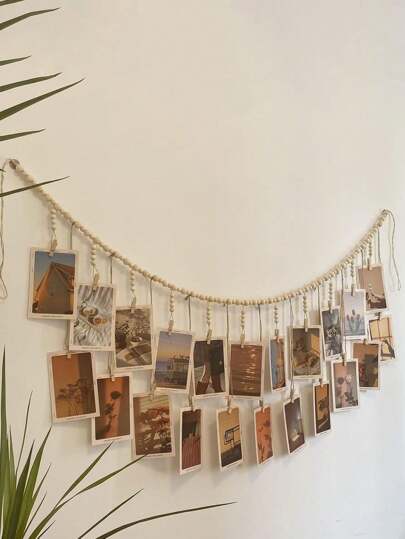 1 Piece Of Bohemian Style Wooden Bead String Hanging Photo Display, Natural Wood Color Wooden Bead Rope Flow Su Wood Clip Photo Storage Decoration Suitable For Classrooms, Dormitories, Bedrooms, Etc