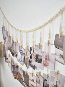 1 Piece Of Bohemian Style Wooden Bead String Hanging Photo Display, Natural Wood Color Wooden Bead Rope Flow Su Wood Clip Photo Storage Decoration Suitable For Classrooms, Dormitories, Bedrooms, Etc