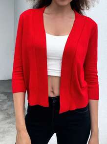 AAmilife Áo len cardigan dệt kim màu trơn tay 3/4 hở phía trước - Đỏ - Xem 6