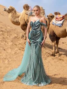 Faeriesty Robes de soirée et de cérémonie glamour et magnifiques avec drapé sur le côté, sans bretelles, ornées de fleurs et de perles