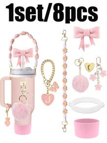 1 pieza / Set de 8 accesorios para tazas, adecuado para tumblers de 30oz y 40oz: Bota de silicona, tapa con sorbete simple de 10mm, colgante con flor para volver al colegio, colgante con lazo y cadena de metal ajustable, fundas reutilizables para sorbete, tapas anti-polvo para sorbete, funda protectora antideslizante para vasos de vidrio con asa, colgante de pompón rosa, cordón para la muñeca con margarita linda, decoración de mariposa rosa linda, regalo para vacaciones, regalo del día de San Valentín.