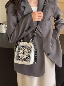 Embroidered Vintage Style Bucket Handbag For Women, New Design, Niche Brand, Versatile Commute Shoulder Bag, Paisley Flower & Ball Chain Detail, Crossbody, Exquisite Floral Bag For Women - Multicolor - View 8