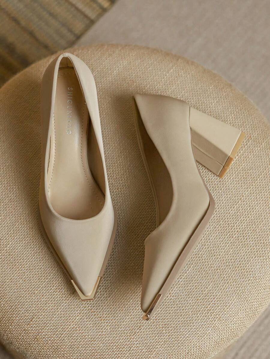 2025 春季新款尖头高跟鞋，优雅简约时尚女鞋，粗跟鞋 - 杏色 - 查看 1