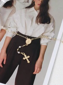 1 件复古和圣母玛利亚吊坠仿珍珠 Y 型项链，女士珠宝配饰，适合派对和日常佩戴（珠子数量随机） - 金色 - 查看 4