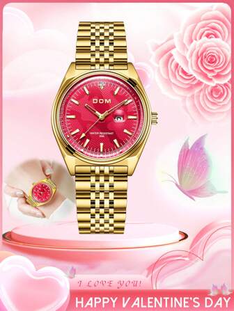 DOM 1pc Women's Luxury Quartz Watch, Stainless Steel, Fashionable, Waterproof, Luminous, Business & Casual, Calendar