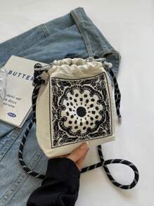 Embroidered Vintage Style Bucket Handbag For Women, New Design, Niche Brand, Versatile Commute Shoulder Bag, Paisley Flower & Ball Chain Detail, Crossbody, Exquisite Floral Bag For Women - Multicolor - View 14