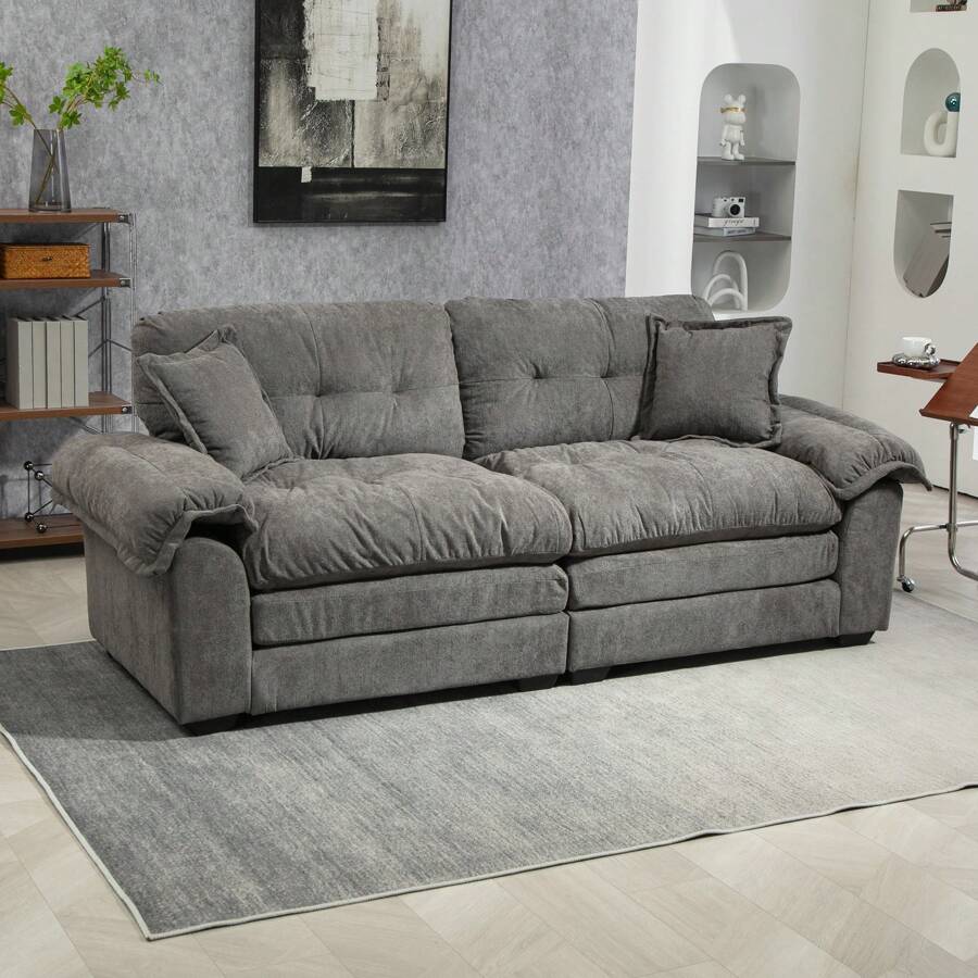 84" Chenille Sofa Small Sofa Loveseat Deep Seat Sofa Couch With 2 Throw Pillows & Memory Foam For Living Room Apartment Office Lounge - Xám - Xem 1