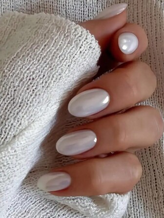 White Almond Press-On Nails, Metallic Shine Full Cover Nail Tips, Glitter Design False Nails With Medium Glossy For Women And Girls Nail Supplies Nails