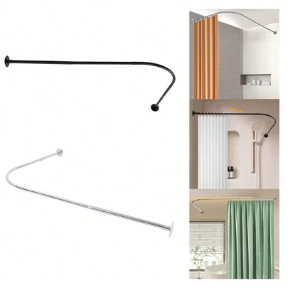  eusmeyusnt Duschvorhangstange, einstellbare Duschvorhang-Winkelstange, Duschstange für Badezimmer Badewanne, Silber/ Schwarz, für Badewannen, Bäder und Duschen, Toiletten, Badeanstalten, Hotels