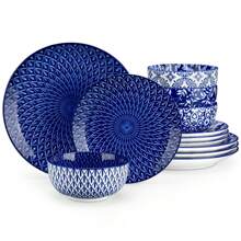 vancasso 12 piezas de porcelana azul y blanca con platos llanos, platos de postre, platos hondos y cuencos - para 4 personas