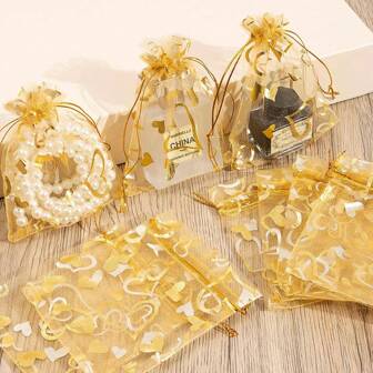 20pcs/Pack Gold Stamping Heart-Shaped Organza Bags, Heart Pattern Gift Bags, Drawstring Closure Mesh Bags, Jewelry Packaging Bags, Event & Gift Packing Supplies