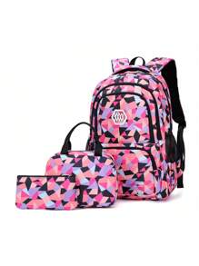 3pcs/Set Geometric Print Schoolbag For Girls, 15.6 Inch Laptop Backpack, Large Capacity Lightweight Travel Bag, Dual-Zipper Closure, Suitable For Daily Use And Travel, Back To School Gift - A - View 2