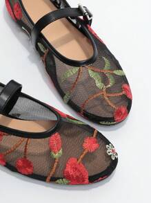 Women's Summer Mesh Embroidery Flower Pattern Fashion Mary Jane Flat Shoes, Breathable Hollow Out Outdoor Sandals Valentines - Black - View 3