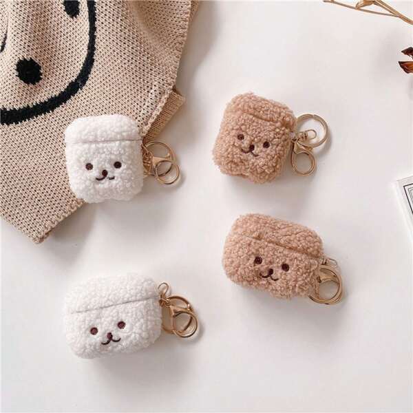 Cartoon teddybeer pluche -hoesje met sleutelhanger, schattige harige beschermhoes voor AirPods1/2/AirPods3/AirPods4/AirPodsPro/AirPodsPro2