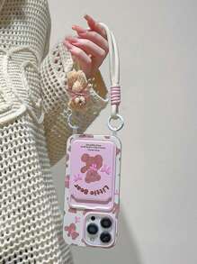 Cute Strawberry Bow Bunny Card Holder Phone Case With Lanyard, Compatible With IPhone 16 Pro Max/IPhone 14, New IPhone 12, 15, 14 Pro, 13 Pro Max, Soft Protective Anti-Fall Phone Cover