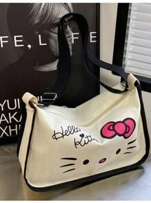 Sanrio 1 Borsa in tela con stampa di Hello Kitty, borsa a tracolla, borsa a tracolla, zaino di grande capacità per studenti di scuola elementare e media, borsa scolastica, portatile, pieghevole, di grande capienza, adatta per ragazze adolescenti, donne, studenti universitari