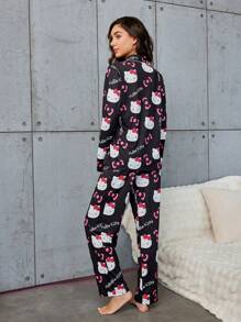 Sanrio 2pcs HELLO KITTY Women's Printed Button-Front Long Sleeve Pajama Top And Elastic Waist Long Pants Sleepwear Set, Fall Clothes