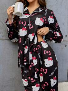 Sanrio 2pcs HELLO KITTY Women's Printed Button-Front Long Sleeve Pajama Top And Elastic Waist Long Pants Sleepwear Set, Fall Clothes
