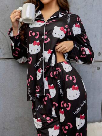 Sanrio 2件套HELLO KITTY女士印花纽扣长袖睡衣上衣和松紧腰长裤家居服套装，秋冬服装