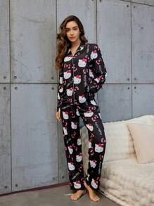 Sanrio 2pcs HELLO KITTY Women's Printed Button-Front Long Sleeve Pajama Top And Elastic Waist Long Pants Sleepwear Set, Fall Clothes