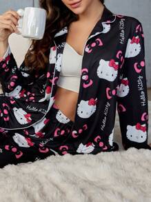 Sanrio 2pcs HELLO KITTY Women's Printed Button-Front Long Sleeve Pajama Top And Elastic Waist Long Pants Sleepwear Set, Fall Clothes