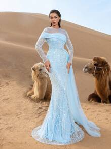 Faeriesty Đầm dạ hội sang trọng với lớp voan voan phủ ngoài, kiểu đuôi cá, đính cườm tinh tế, thích hợp cho tiệc cưới hoặc các dịp trang trọng khác. - Màu xanh nhạt - Xem 4