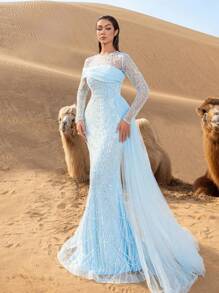 Faeriesty Đầm dạ hội sang trọng với lớp voan voan phủ ngoài, kiểu đuôi cá, đính cườm tinh tế, thích hợp cho tiệc cưới hoặc các dịp trang trọng khác. - Màu xanh nhạt - Xem 8