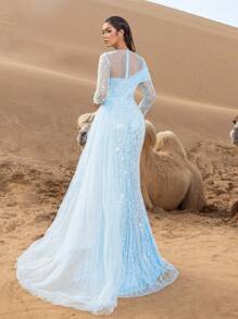 Faeriesty Đầm dạ hội sang trọng với lớp voan voan phủ ngoài, kiểu đuôi cá, đính cườm tinh tế, thích hợp cho tiệc cưới hoặc các dịp trang trọng khác. - Màu xanh nhạt - Xem 3