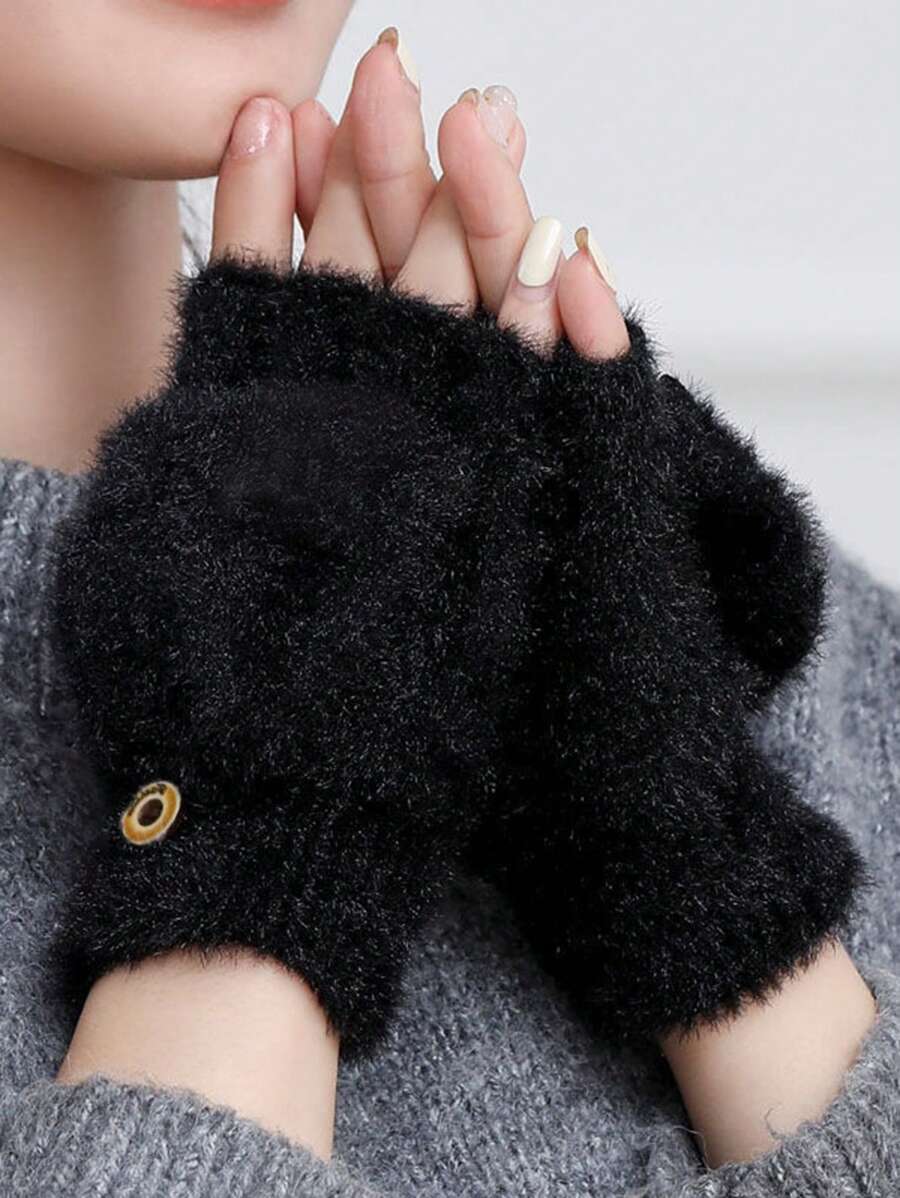 韩版百搭学生可爱半指翻盖手套，针织仿羊毛保暖无指手套，女式，秋冬 - 彩色 - 查看 1