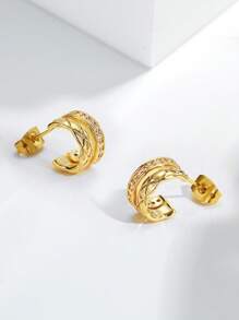 1 对时尚 S925 纯银锆石双层 C 形耳环精美珠宝礼物适合女性日常佩戴礼物 - 雙層C型 - 查看 7