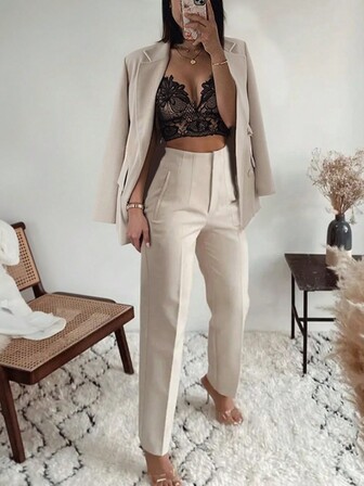 杏色优雅通勤缺口领西装外套和褶皱口袋踝长裤女士西装套装