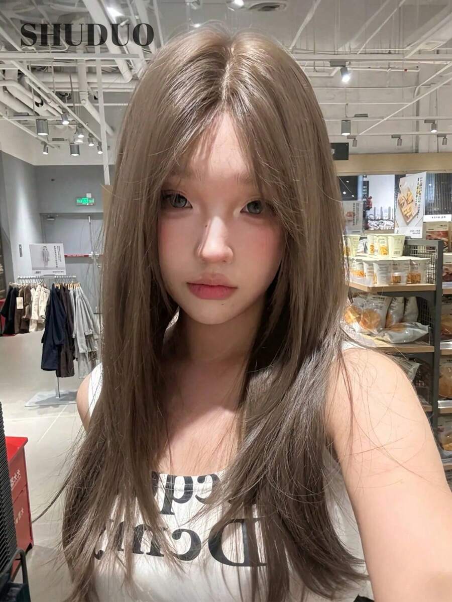 Forehead Shaped Lace 5*1, Forehead Lace Wig, Center Split Wig, Linen Brown 26 Inch Half Braided Everyday Natural, Sleek Realistic Wig (Accessories Not Included)