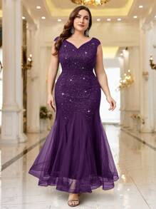 Plus Elegant V-Neck Sequin Lace Sleeveless Mesh Mermaid Hem Formal Party Maxi Dress, Evening Wedding Guest Dress, For Party, Graduation, Homecoming - 紫色 - 查看 1