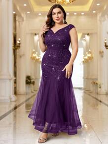Plus Elegant V-Neck Sequin Lace Sleeveless Mesh Mermaid Hem Formal Party Maxi Dress, Evening Wedding Guest Dress, For Party, Graduation, Homecoming - 紫色 - 查看 6