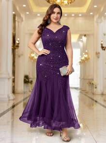 Plus Elegant V-Neck Sequin Lace Sleeveless Mesh Mermaid Hem Formal Party Maxi Dress, Evening Wedding Guest Dress, For Party, Graduation, Homecoming - 紫色 - 查看 4