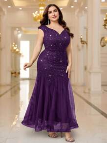 Plus Elegant V-Neck Sequin Lace Sleeveless Mesh Mermaid Hem Formal Party Maxi Dress, Evening Wedding Guest Dress, For Party, Graduation, Homecoming - 紫色 - 查看 5