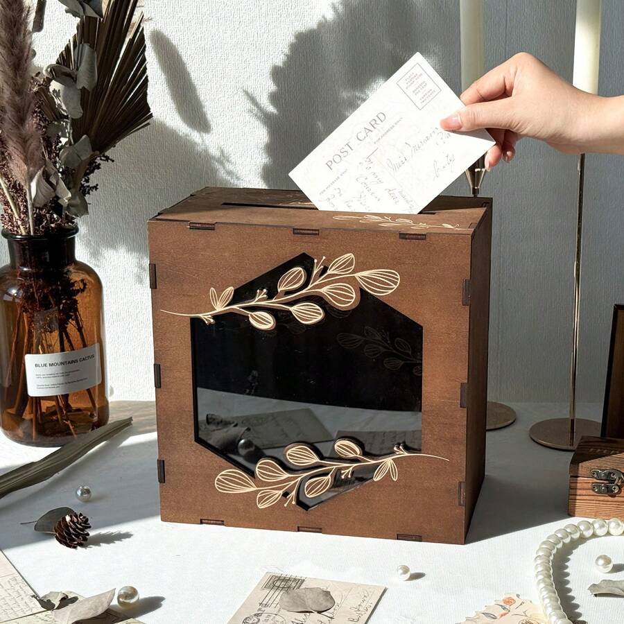 Wooden Card Box For Wedding - Rustic Wedding Card Boxes For Reception,Wedding Card Money Holder, Gift Card Box For Graduation Wedding Decorations For Reception 25*25*15cm Gifts Birthday Birthday Decorations Party Decorations Bachelorette - Brown - View 1