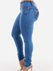 MX JEANS Mid Rise Butt Lifting Rhinestone Blue Jeans - Nhiều màu - Xem 7